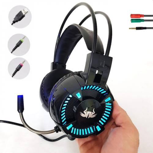 Fone de ouvido over-ear gamer Knup KP-464 preto com luz LED